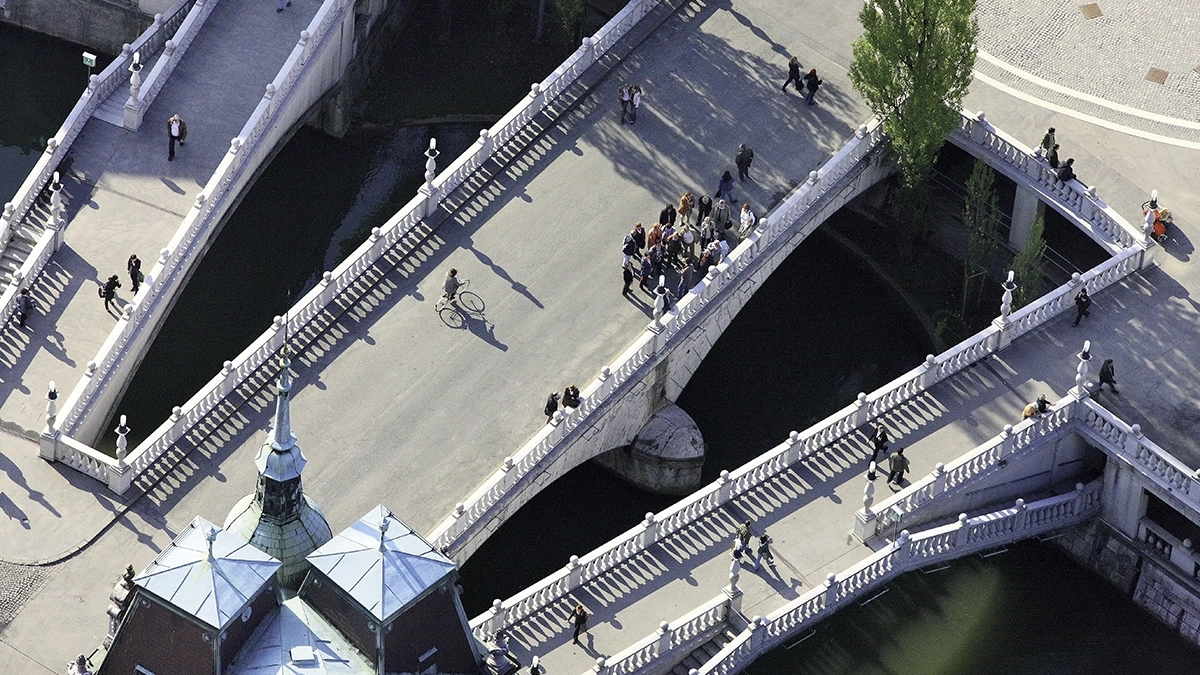 Triple Bridge and central Ljubljana from above